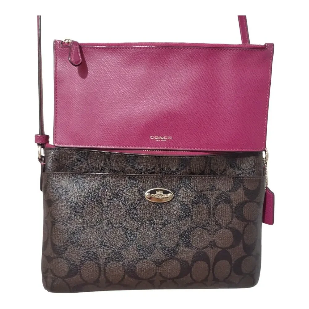 COACH East/West Pop Up Crossbody Dark Brown Fuchsia Contrast w/ Removeable Bag